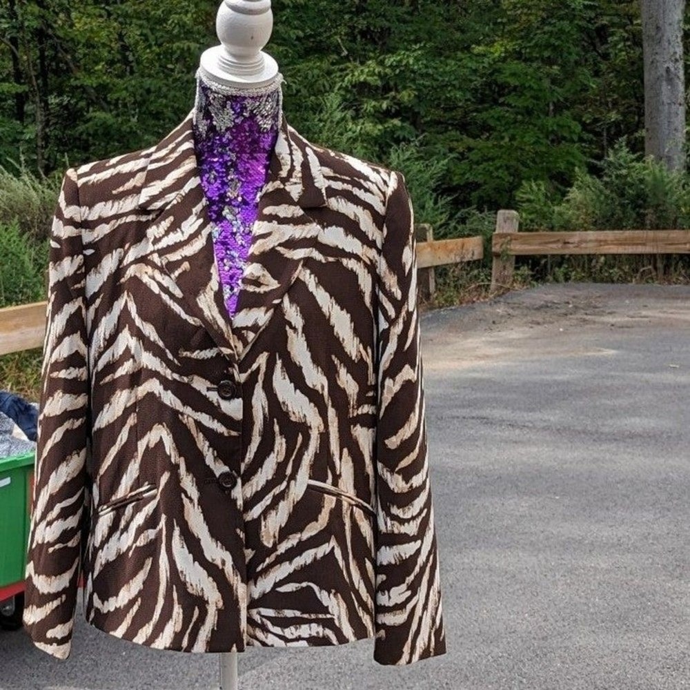 Y2K Mob Wife Zebra Print Blazer Vintage Animal Print Alfred Dunner‎ Petite L